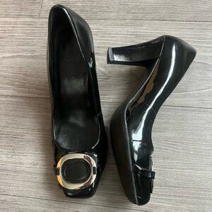 Y2K Franco Sarto Black Patent Leather Pumps Silver Buckle Square Toe Size W6.5